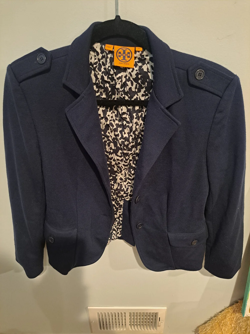 Tory Burch Navy Military-Inspired Blazer with Printed Lining
